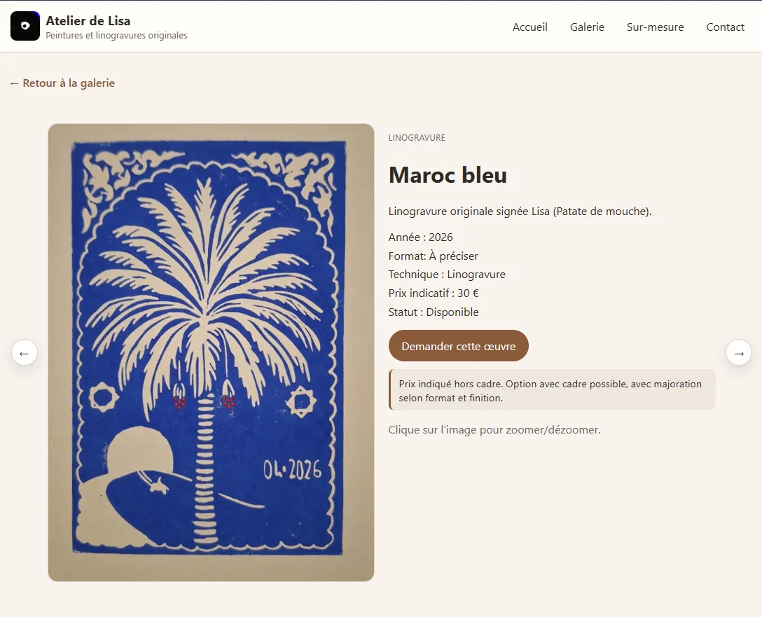 Capture du site Atelier de Lisa — galerie d'artiste