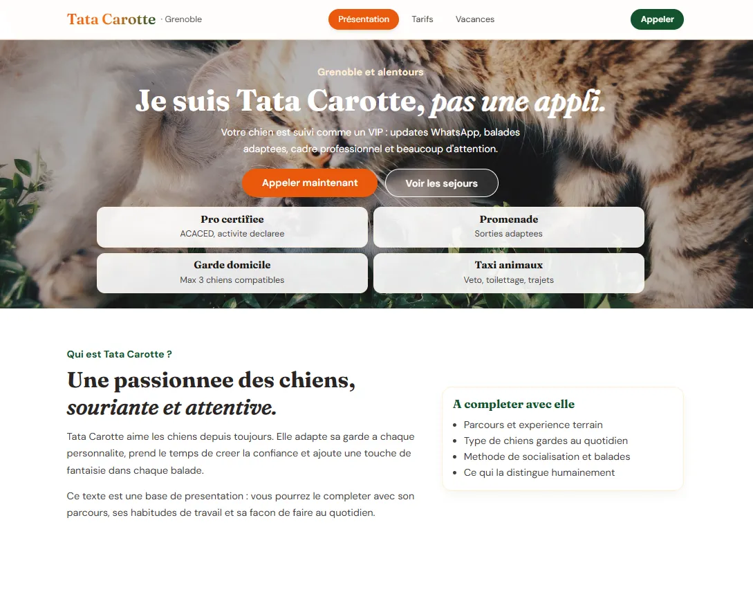 Capture du site Tata Carotte — garde et promenade canine